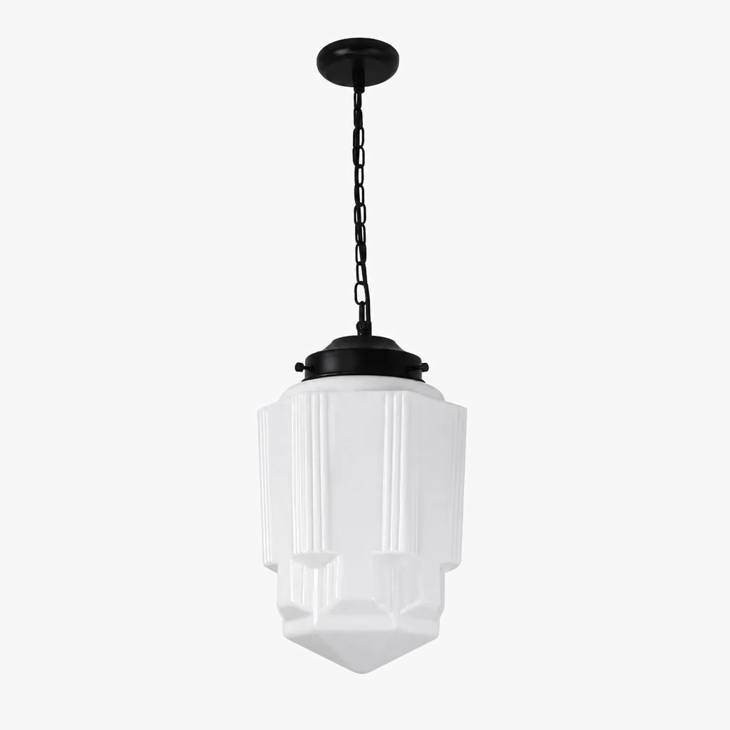 Vintage Art Deco Milchglas-Pendelleuchte mit gestreiftem Schirm für Esszimmer und Wohnbereich - Lamylie