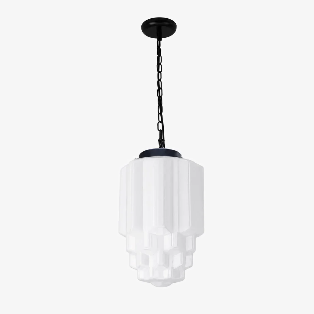 Vintage Art Deco Milchglas-Pendelleuchte mit gestreiftem Schirm für Esszimmer und Wohnbereich - Lamylie