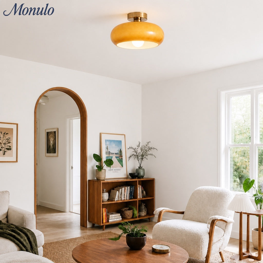 Ceiling Lamp Glass Disc Bauhaus Design Brass or Chrome Orange Yellow or White Glass Retro Stylish Lighting - Lamylie
