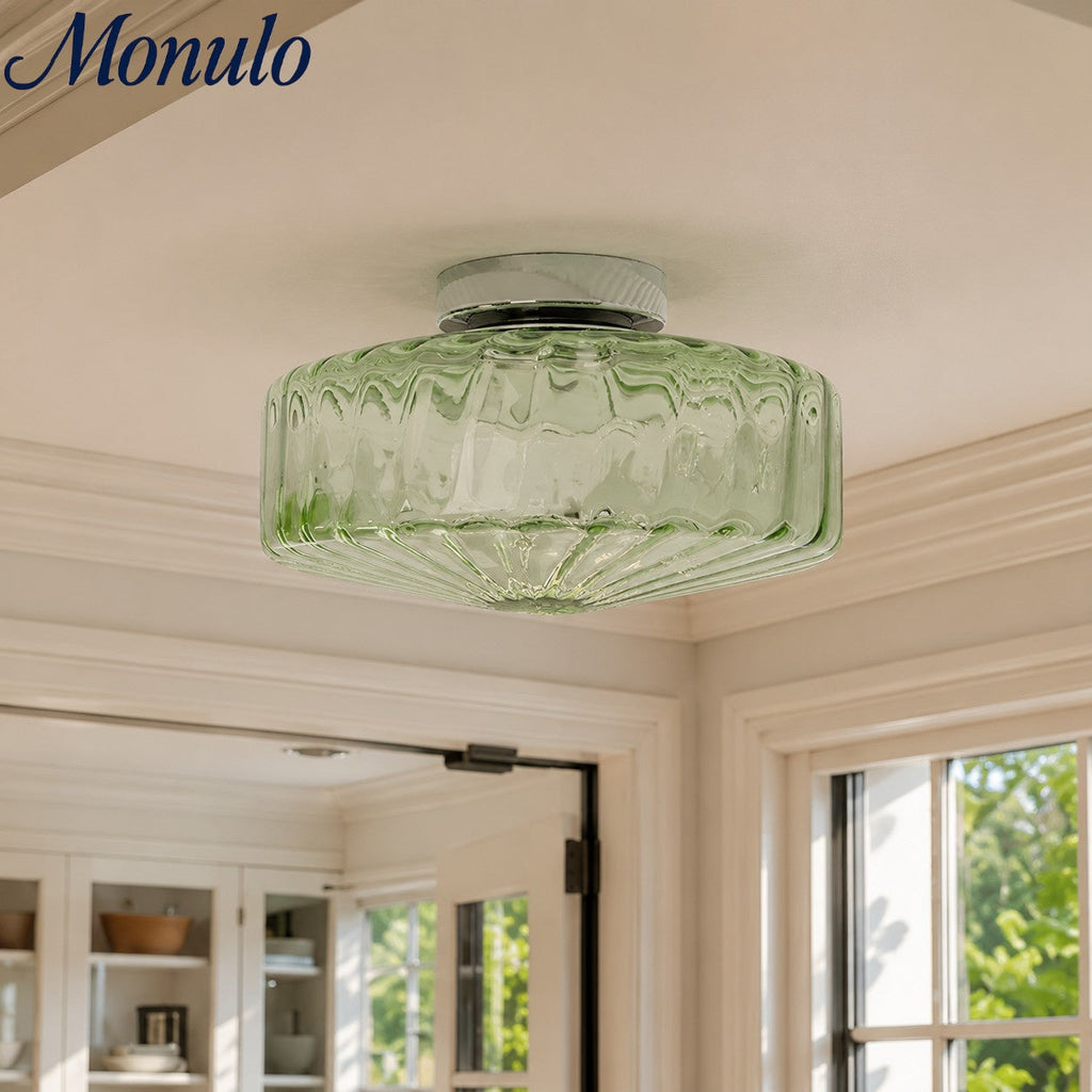 Vintage Ribbed Glass Ceiling Lamp Green | Classic Lighting for Dining Room, Entrance & Hallway - Lamylie
