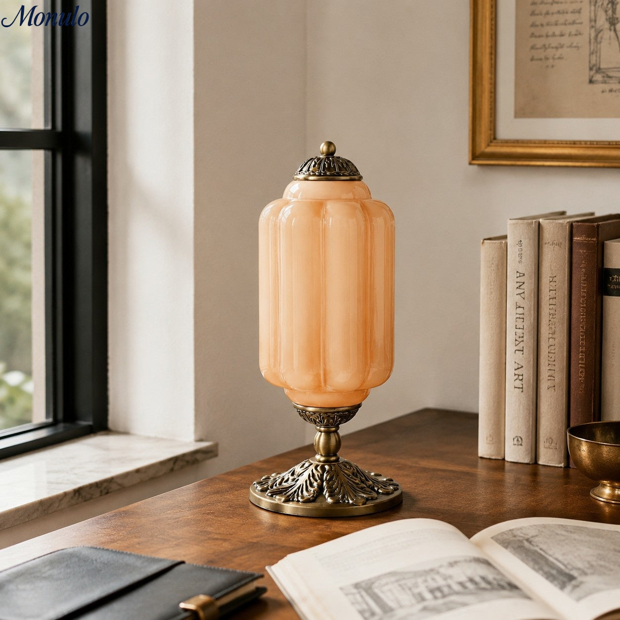 Glass Table Lamp with Scallop Design Vintage Style Bedroom Living Room Accent Lighting Black Brass Frosted Glass - Lamylie