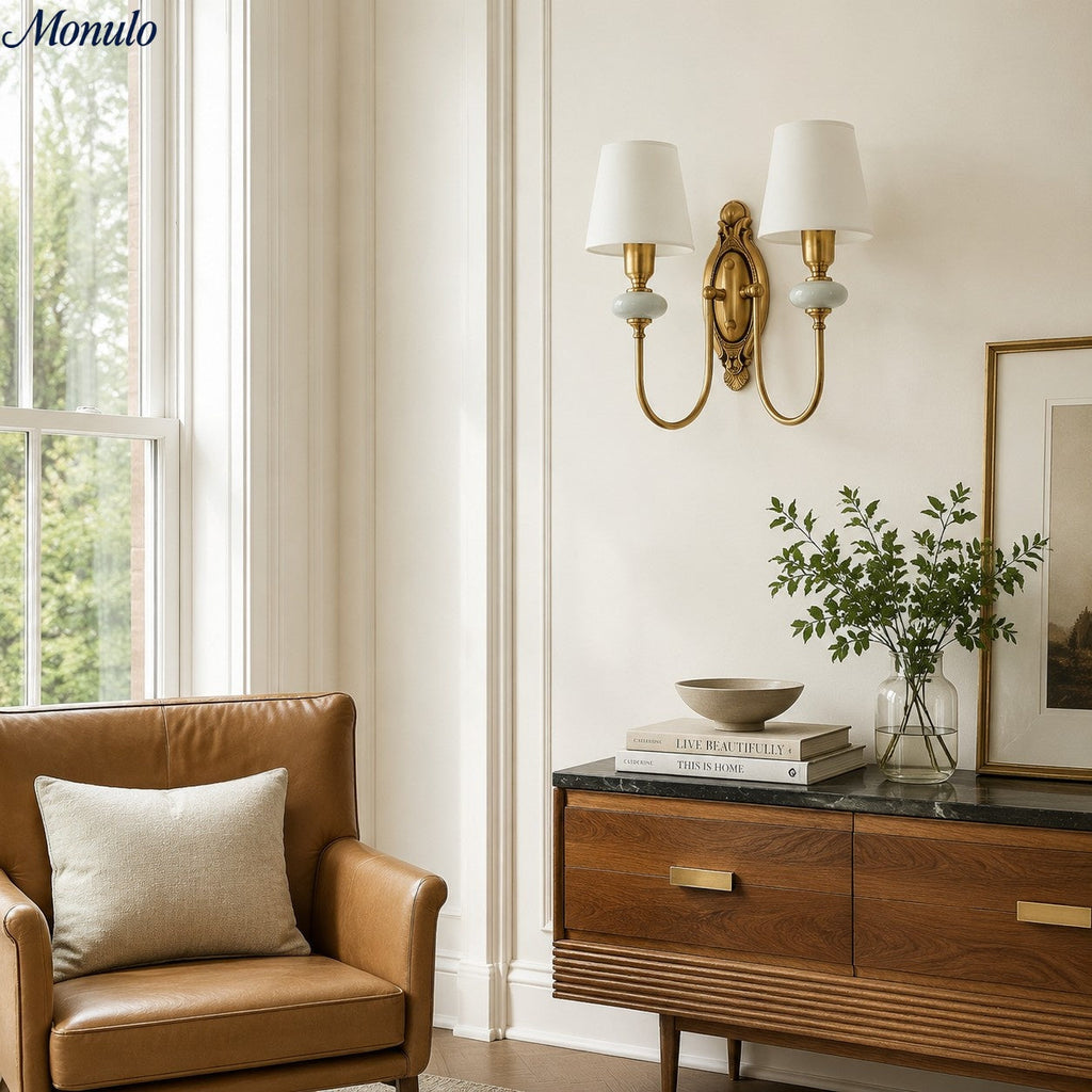 Ceramic Wall Lamp with Fabric Shade - 1 or 2 Light Points - E27 - Various Colors & Styles - Lamylie