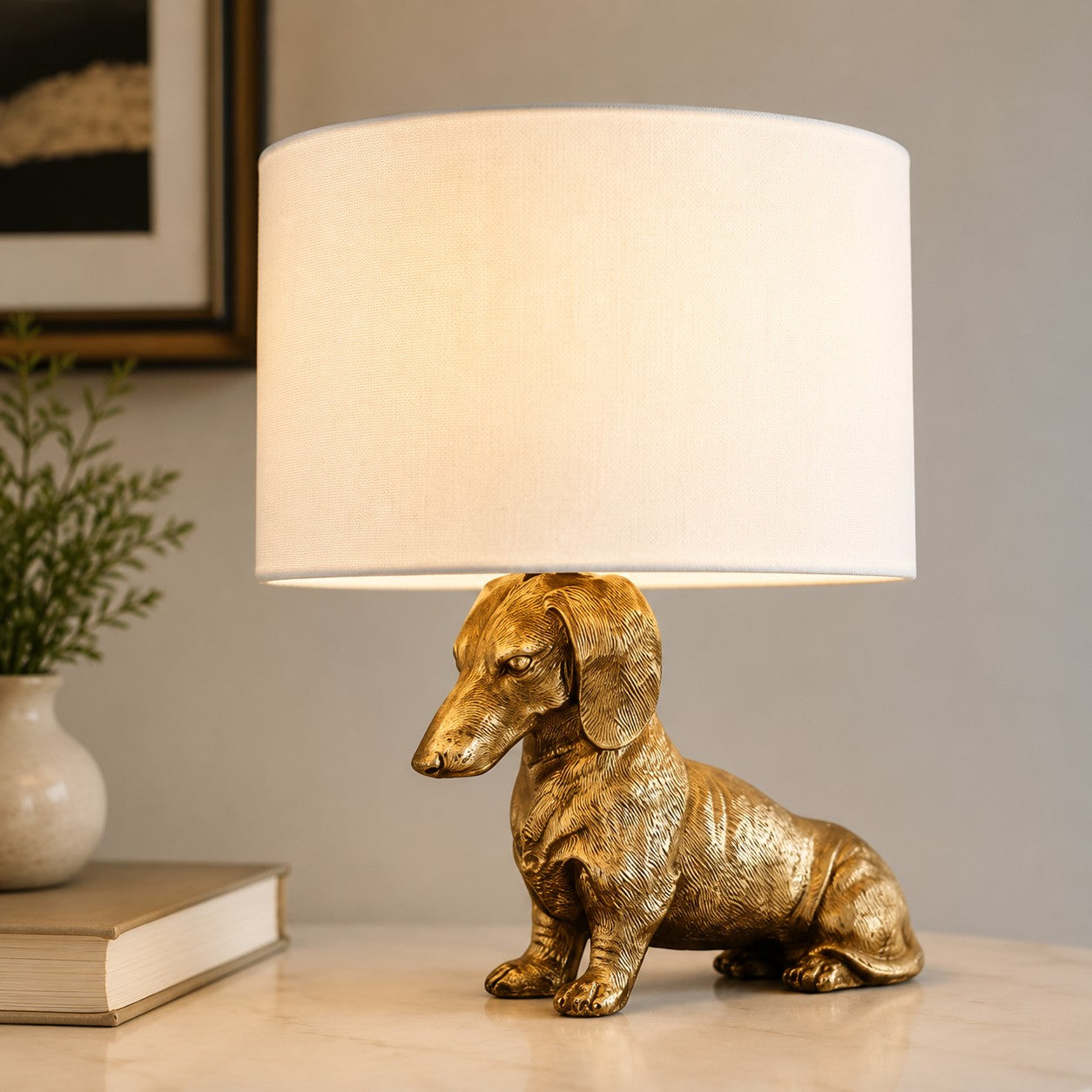Animal Figure Table Lamp with Cotton Shade | Classic Nightstand Lamp with Animal Motif - Lamylie