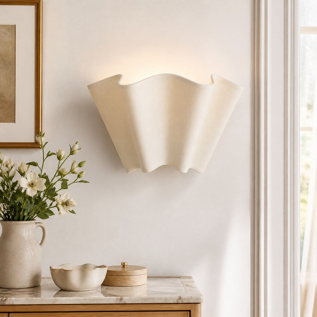 Wall Lamp with Scalloped Linen Shade Retro Design Classic Ambient Lighting for Living Room Bedroom Reading Corner - Lamylie