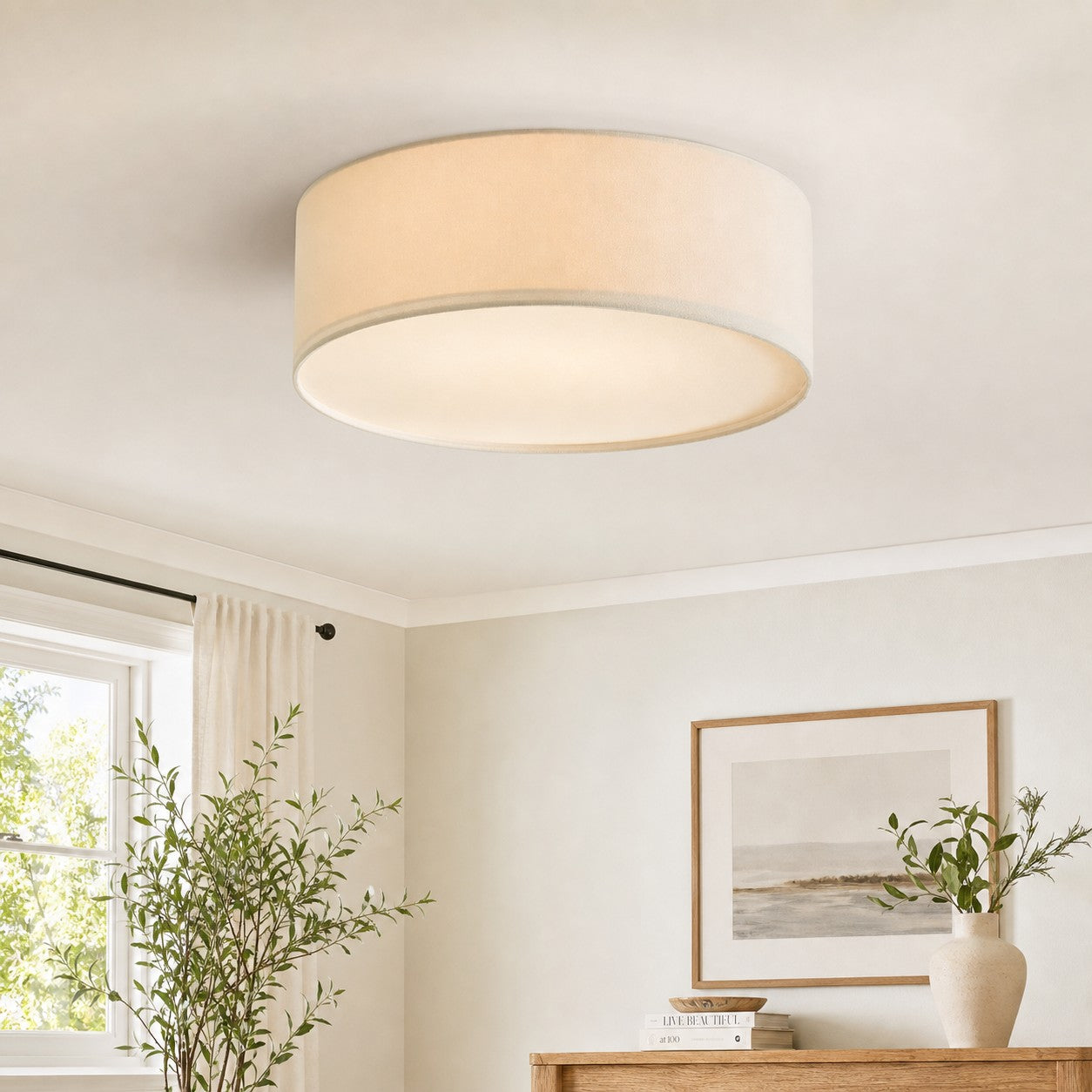 Ceiling Lamp with Linen Shade | Drum Shape Ø30/45cm | Modern Scandinavian Design | Elegant Lighting for Living Room Bedroom Dining Room - Lamylie