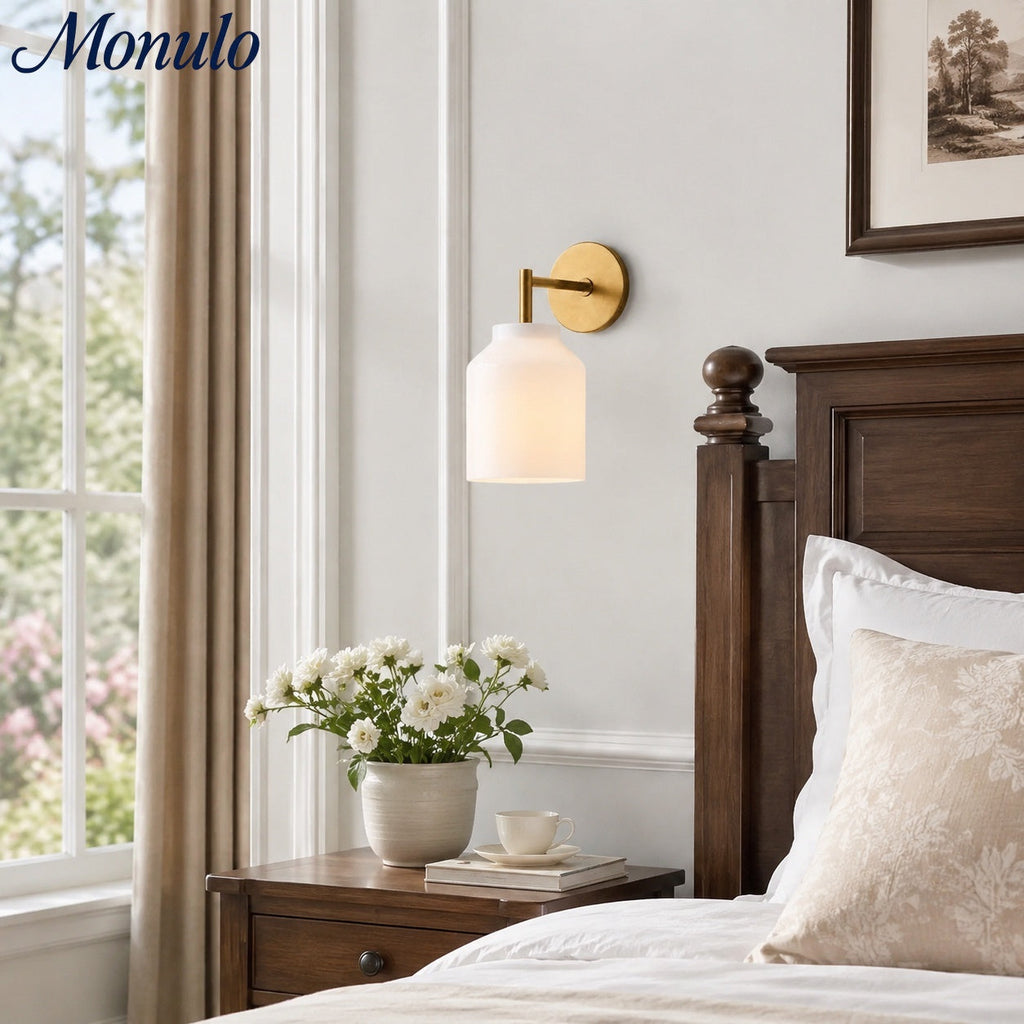 Wall Lamp with Milk Glass Shade and Metal Accents Minimalist Design Ambient Lamp Hall Hallway Bedroom - Lamylie