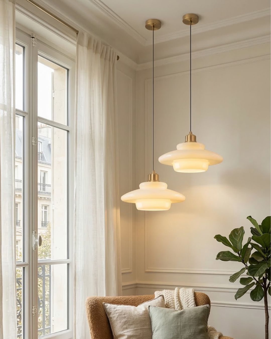 TINA Pendant Lamp | Mid-Century Milk White Glass with Brushed Brass | Modern Dining & Kitchen Lighting | Adjustable | E27 Socket - Lamylie