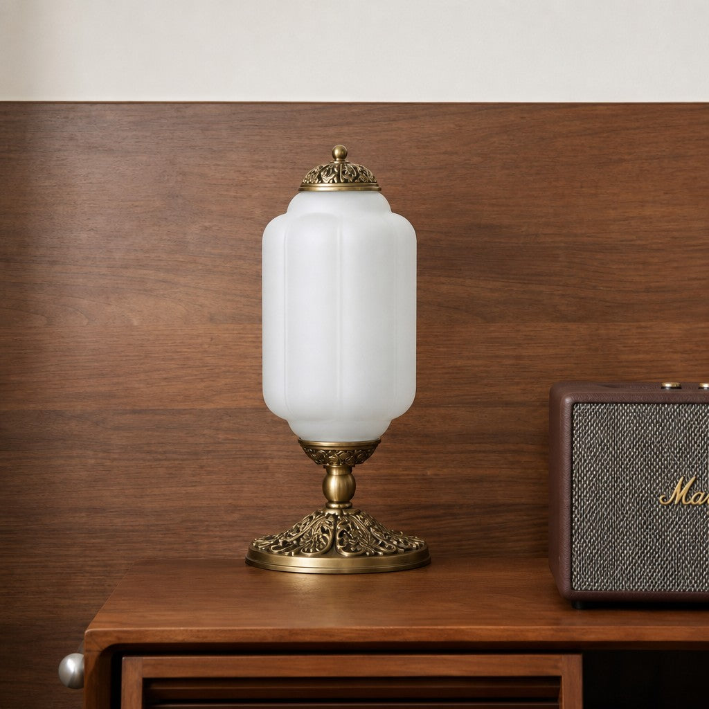 Glass Table Lamp with Scallop Design Vintage Style Bedroom Living Room Accent Lighting Black Brass Frosted Glass - Lamylie