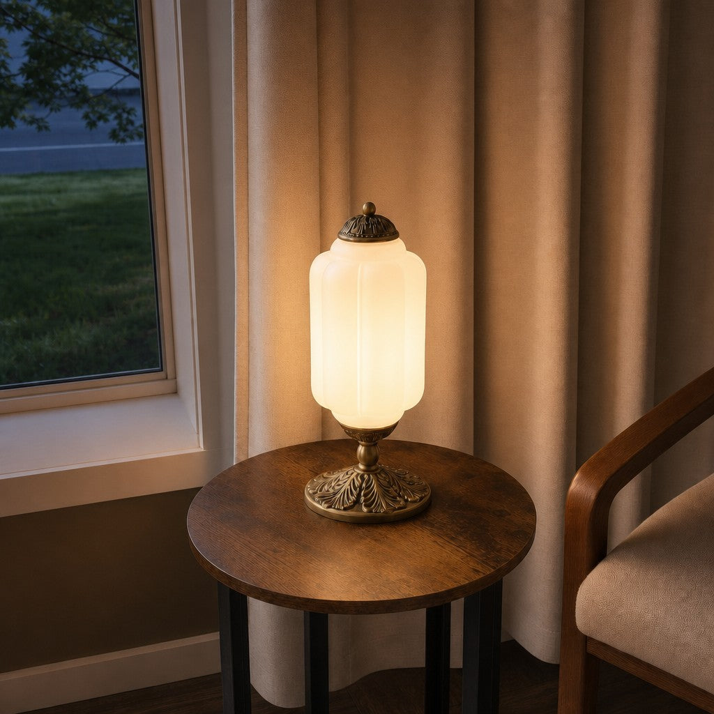 Glass Table Lamp with Scallop Design Vintage Style Bedroom Living Room Accent Lighting Black Brass Frosted Glass - Lamylie