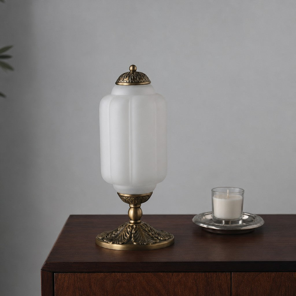 Glass Table Lamp with Scallop Design Vintage Style Bedroom Living Room Accent Lighting Black Brass Frosted Glass - Lamylie