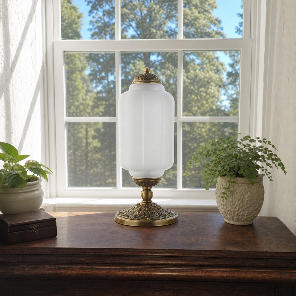 Glass Table Lamp with Scallop Design Vintage Style Bedroom Living Room Accent Lighting Black Brass Frosted Glass - Lamylie