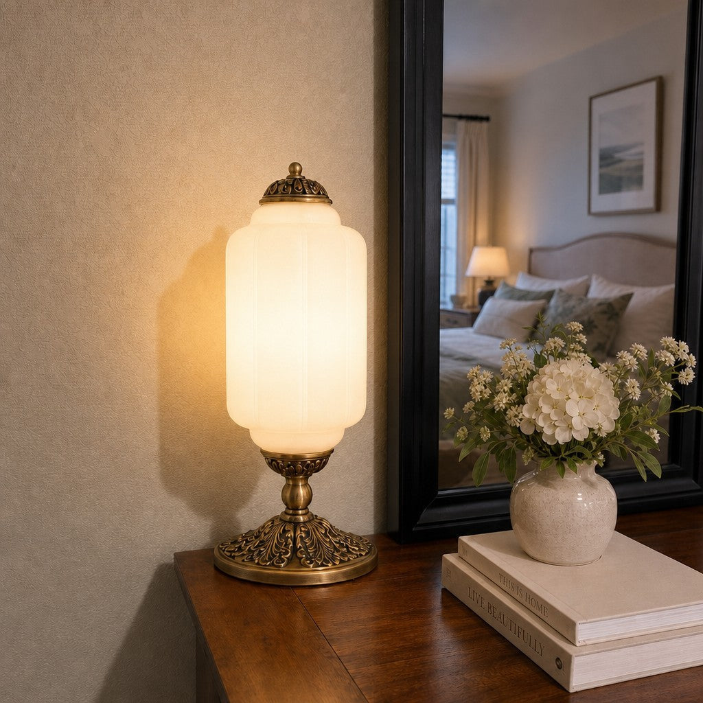 Glass Table Lamp with Scallop Design Vintage Style Bedroom Living Room Accent Lighting Black Brass Frosted Glass - Lamylie