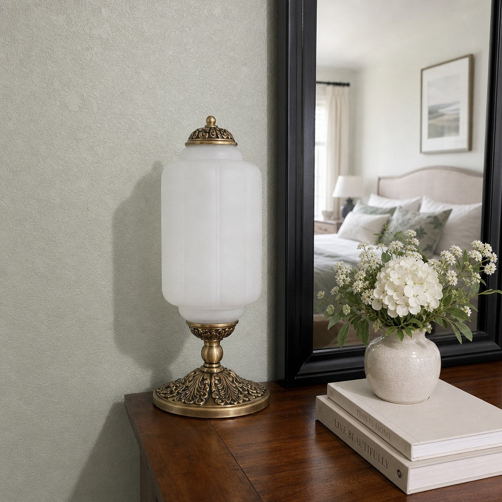 Glass Table Lamp with Scallop Design Vintage Style Bedroom Living Room Accent Lighting Black Brass Frosted Glass - Lamylie