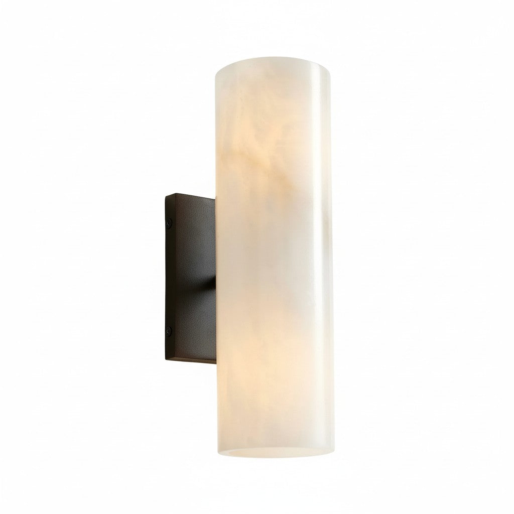 Cylindrical Wall Lamp with Natural Alabaster or Ribbed Glass Shade Bronze Nickel Brass - Lamylie