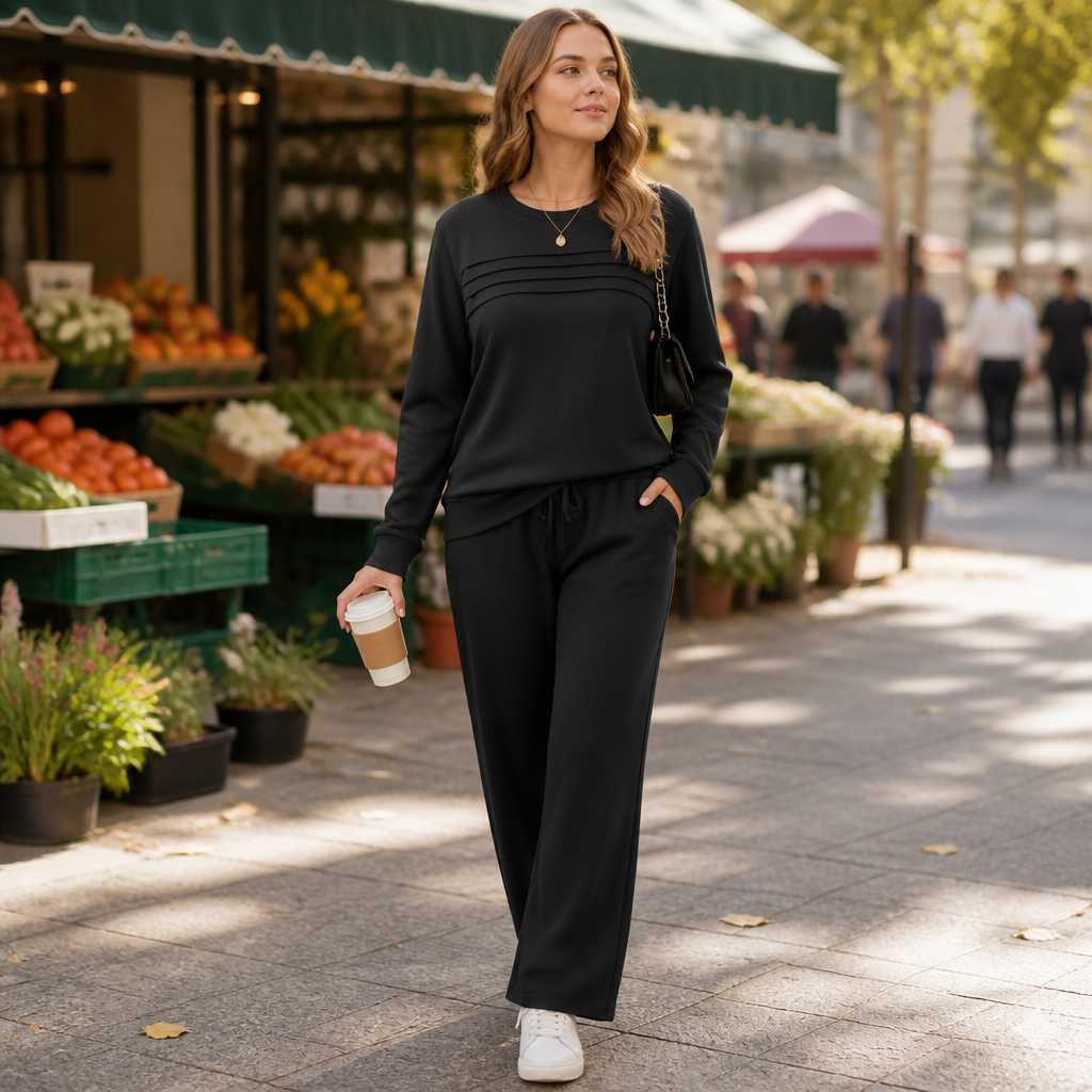 LuxeLoom – Lässiges plissiertes Lounge-Set mit weit geschnittenen Hosen mit Kordelzug – Lamylie