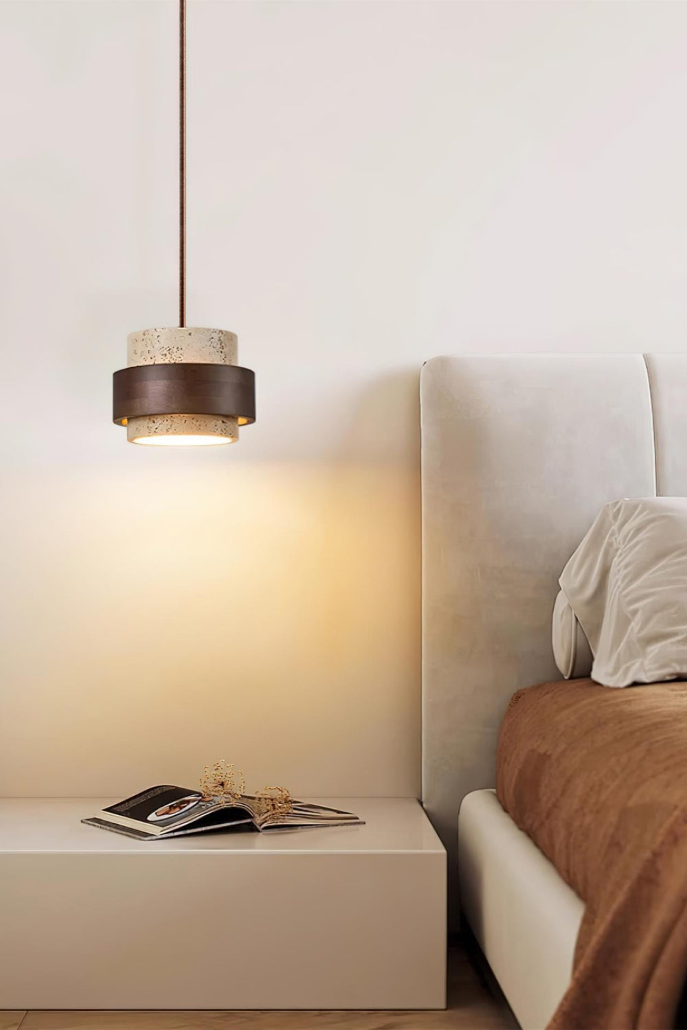 Holzpendelleuchte mit Travertin-Finish | Organische Lichtquelle für Esszimmer und Wohnzimmer - Lamylie