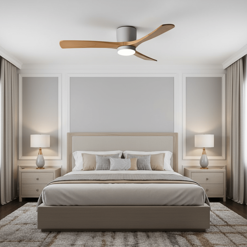 Ventilateur de plafond avec éclairage, design scandinave en bois, 106/122/132 cm, à intensité variable avec télécommande, ventilateur de plafond avec lampe LED, pales en bois, salon, chambre, salle à manger – Lamylie