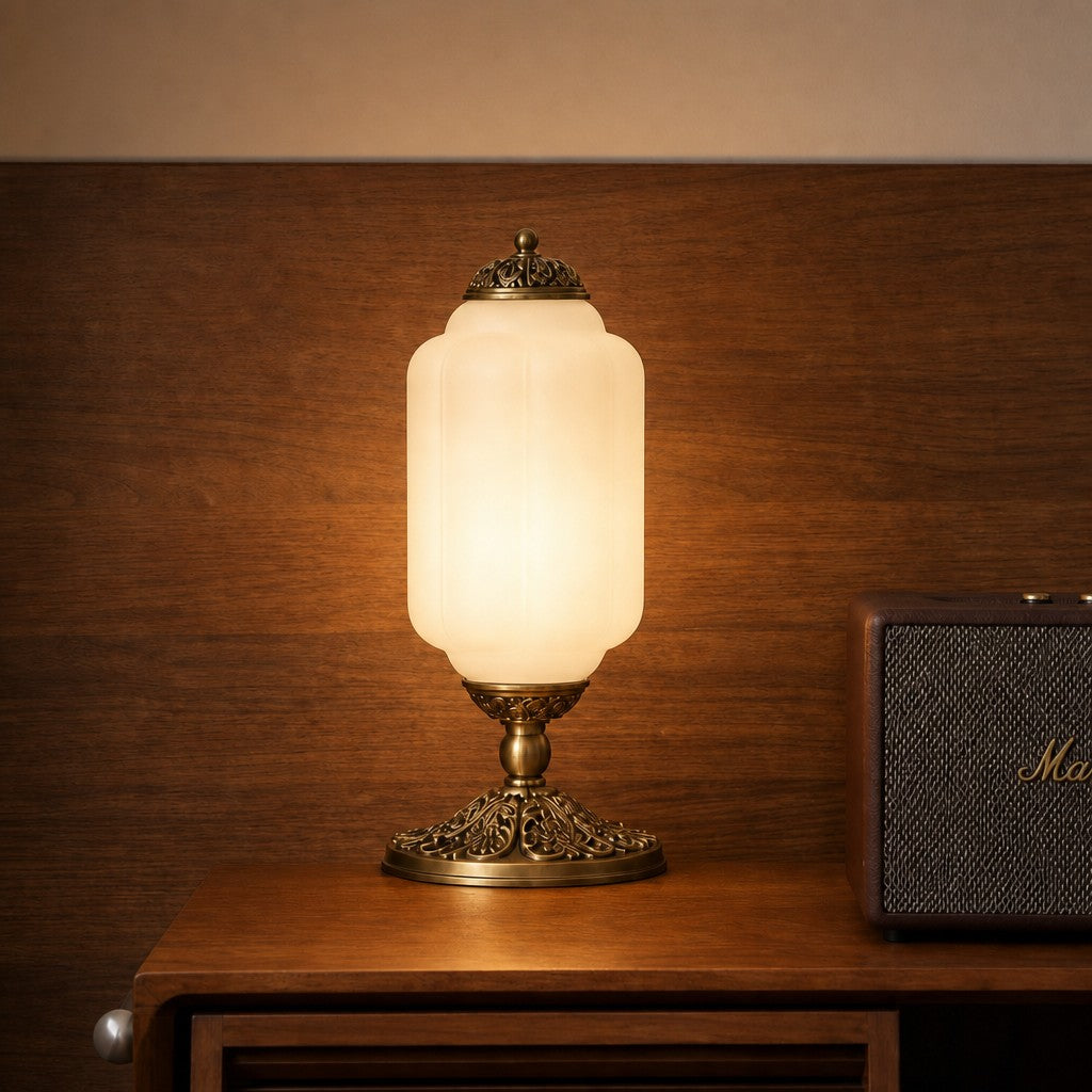 Glass Table Lamp with Scallop Design Vintage Style Bedroom Living Room Accent Lighting Black Brass Frosted Glass - Lamylie