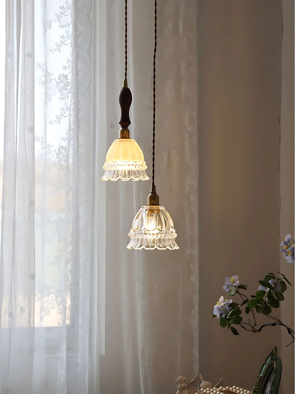 French Country Pendant Lamp Glass Shade Jellyfish Design Transparent or Amber with Walnut Handle Ambient Lighting Dining Room Elegant Ceiling Lamp - Lamylie
