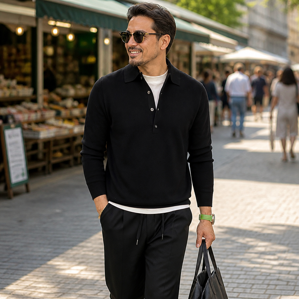 LuxeWave – Feinstrick-Poloshirt mit langen Ärmeln und Drei-Knopf-Leiste - Lamylie