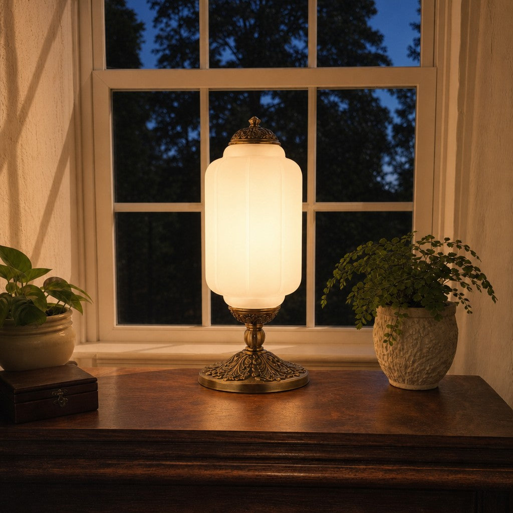 Glass Table Lamp with Scallop Design Vintage Style Bedroom Living Room Accent Lighting Black Brass Frosted Glass - Lamylie