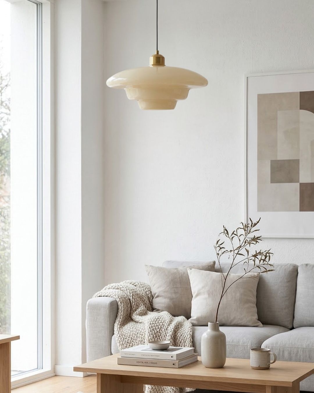 TINA Pendant Lamp | Mid-Century Milk White Glass with Brushed Brass | Modern Dining & Kitchen Lighting | Adjustable | E27 Socket - Lamylie