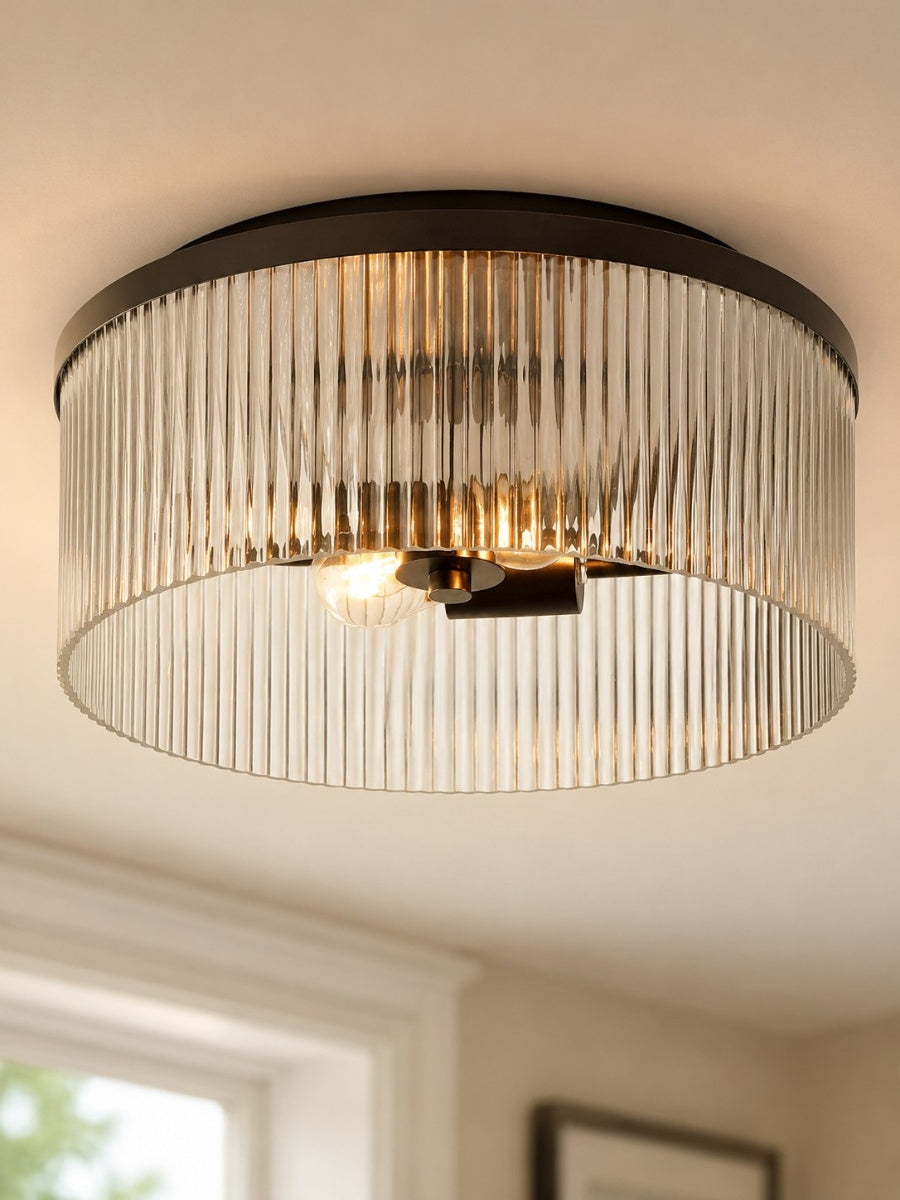 Ribbed Glass Ceiling Lamp Modern Low-Profile Design Bedroom Living Room Hall - Lamylie