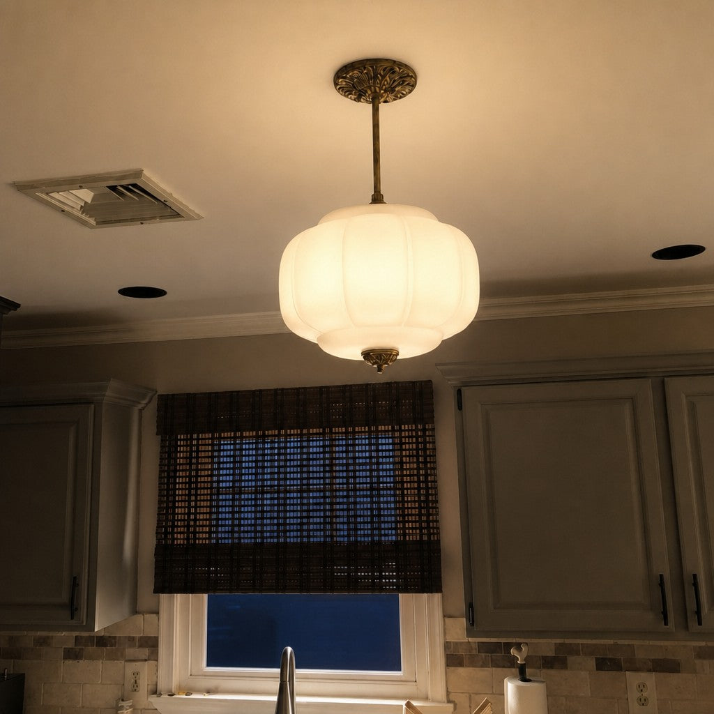 Vintage Milk Glass Ceiling Lamp Scalloped Edge White Pink Green Blue Clear Matte Glass Semi-Flush Pendant Lamp Brass Black Finish - Lamylie