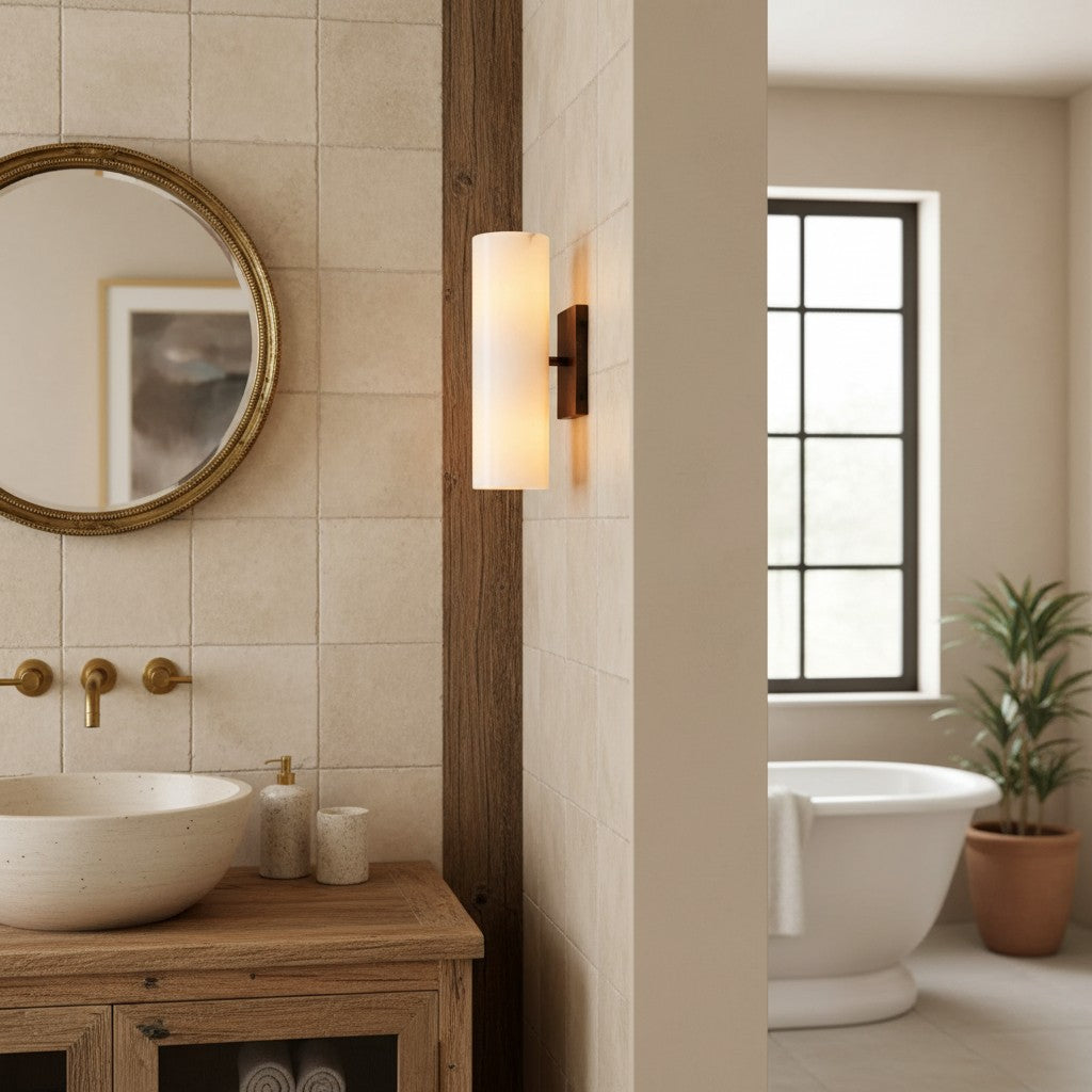 Cylindrical Wall Lamp with Natural Alabaster or Ribbed Glass Shade Bronze Nickel Brass - Lamylie