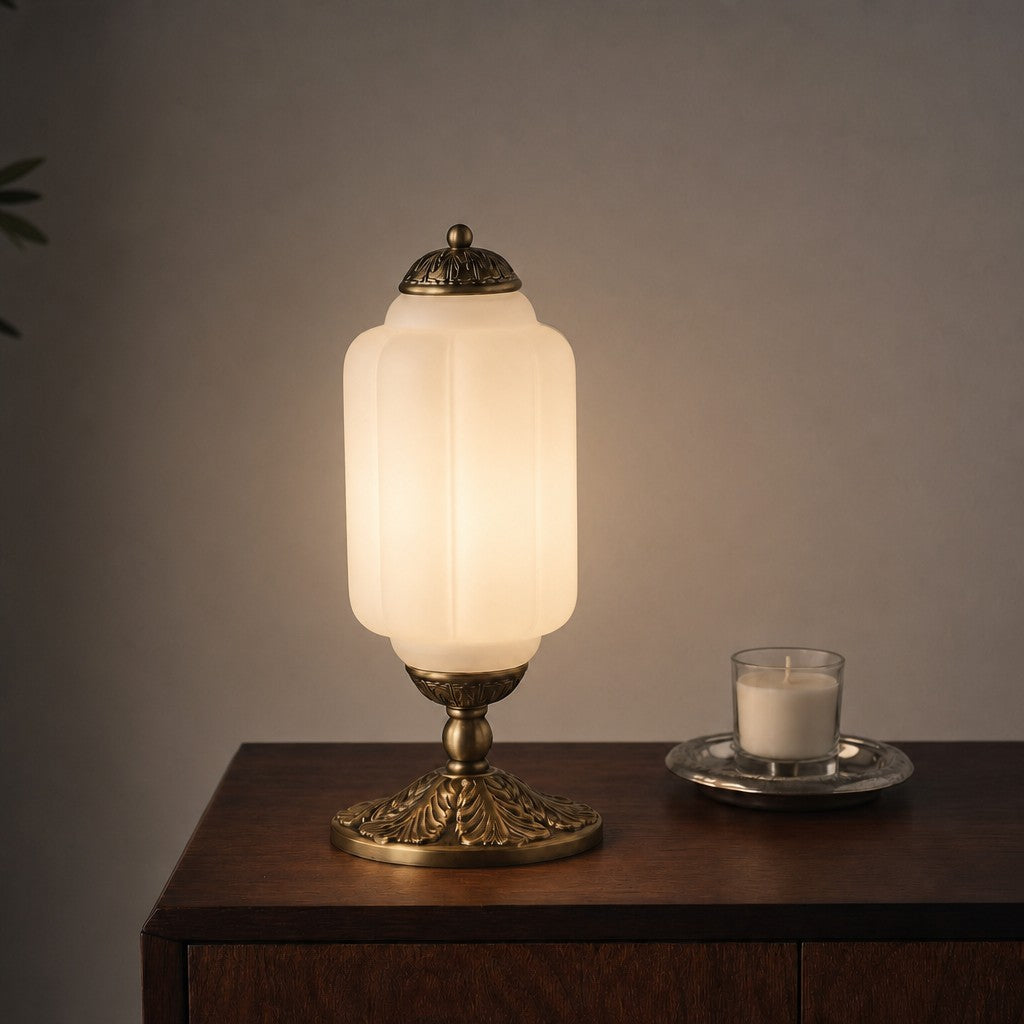 Glass Table Lamp with Scallop Design Vintage Style Bedroom Living Room Accent Lighting Black Brass Frosted Glass - Lamylie