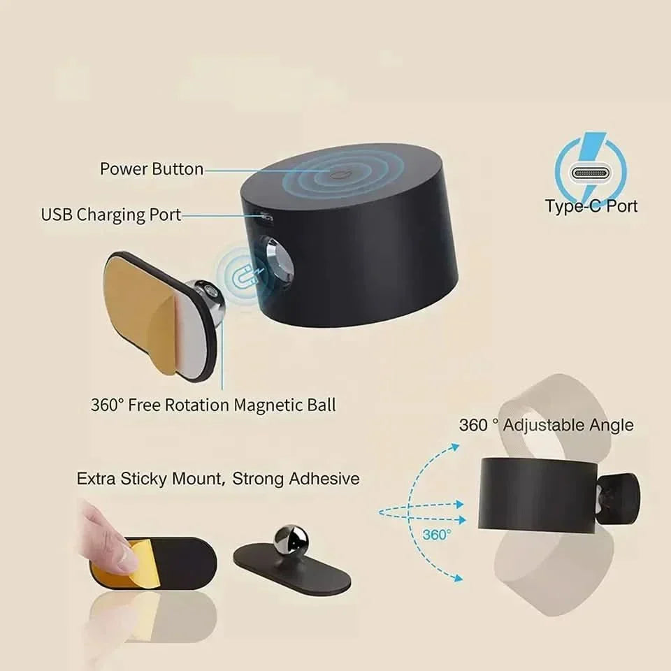 Wireless Wall Lamp with 360-Degree Rotation, USB Rechargeable, 3 Brightness Settings - Lamylie