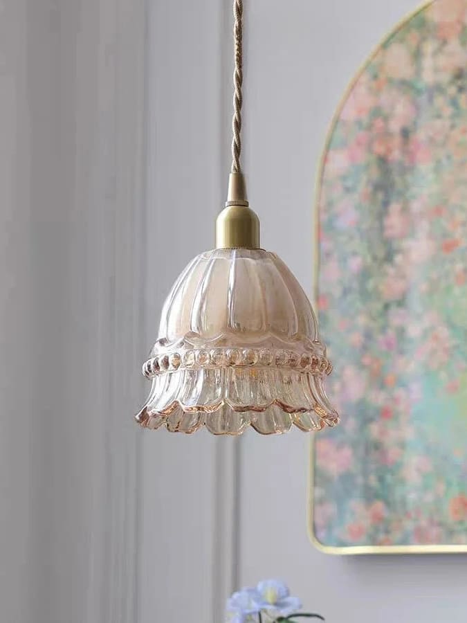 Französische Landhaus-Pendelleuchte Glasschirm Quallen-Design Transparent oder Bernstein mit Walnussgriff Ambientebeleuchtung Esszimmer Elegante Deckenlampe - Lamylie