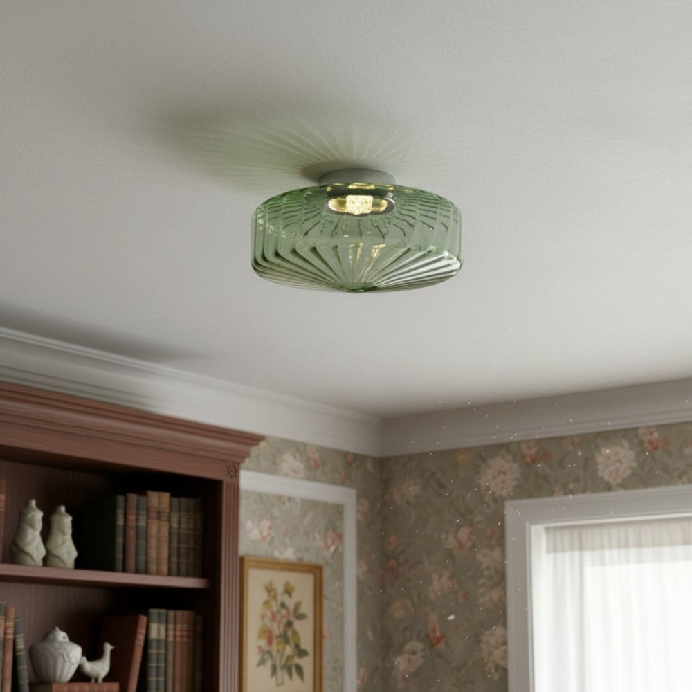 Vintage Ribbed Glass Ceiling Lamp Green | Classic Lighting for Dining Room, Entrance & Hallway - Lamylie