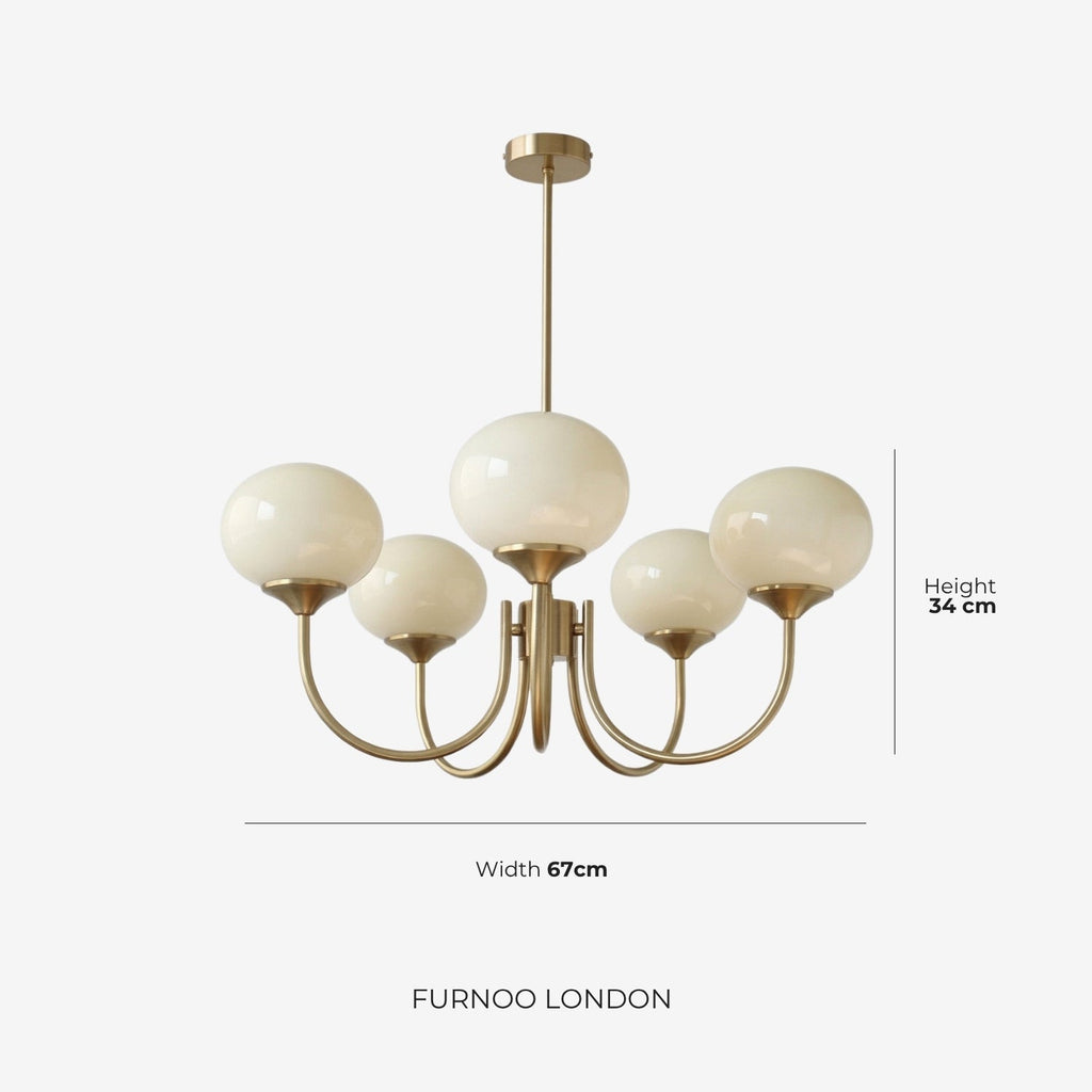 Mid-Century Glass Chandelier with Globe Shades and Polished Metal Finish | Available in Copper and Chrome with Colored Glass | 3 or 5 Arms with Adjustable Rod System - Lamylie