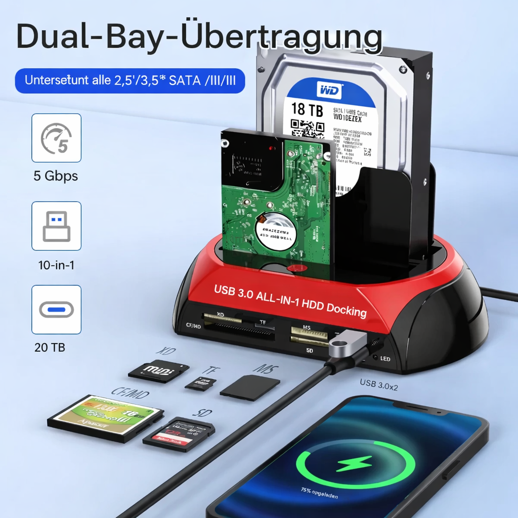 Harddisk | Alsidig harddisk-dockinghub | Universel IDE- og SATA-dockingstation | TotalRecovery Station - Lamylie