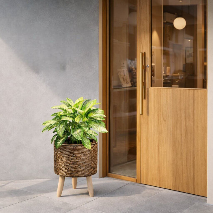 Pot pour plantes avec support en bois | Texture de panier tressé | Convient à l’intérieur comme à l’extérieur | Plantara - Lamylie
