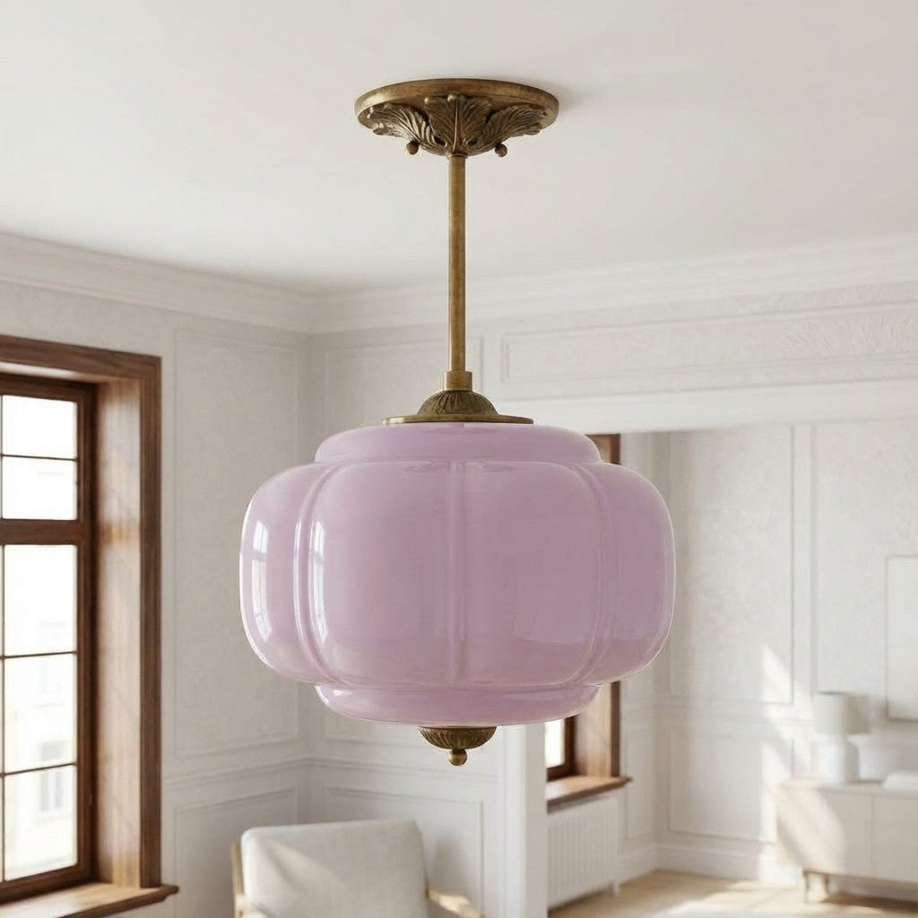 Vintage Milk Glass Ceiling Lamp Scalloped Edge White Pink Green Blue Clear Matte Glass Semi-Flush Pendant Lamp Brass Black Finish - Lamylie