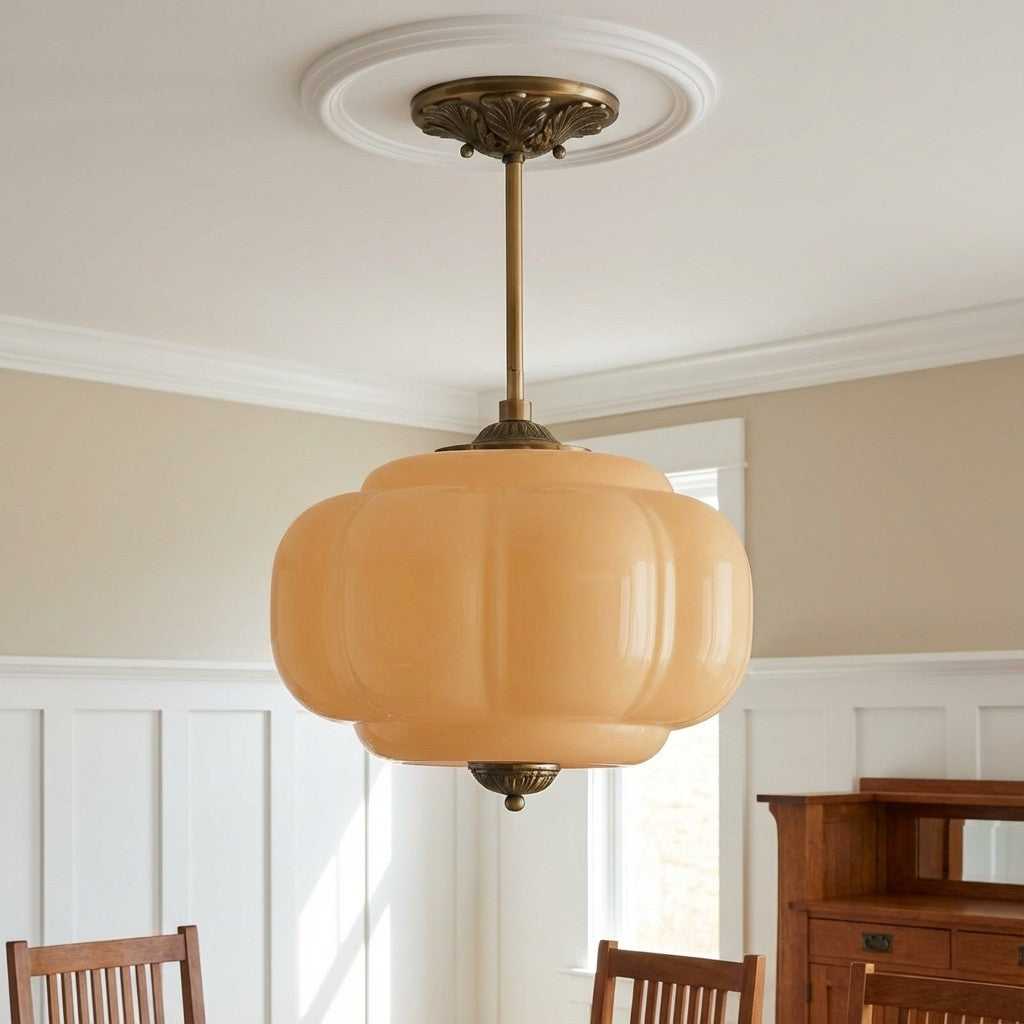 Vintage Milk Glass Ceiling Lamp Scalloped Edge White Pink Green Blue Clear Matte Glass Semi-Flush Pendant Lamp Brass Black Finish - Lamylie