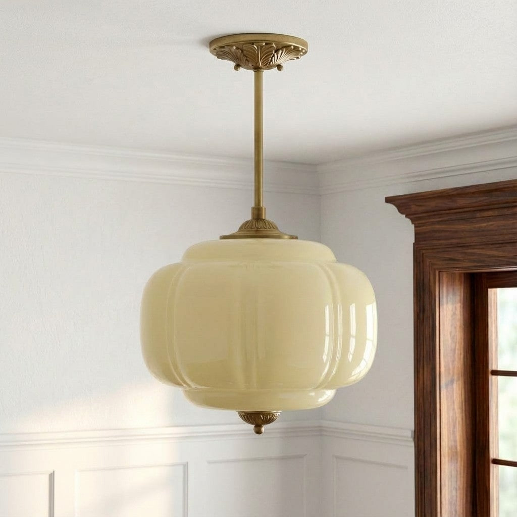 Vintage Milk Glass Ceiling Lamp Scalloped Edge White Pink Green Blue Clear Matte Glass Semi-Flush Pendant Lamp Brass Black Finish - Lamylie