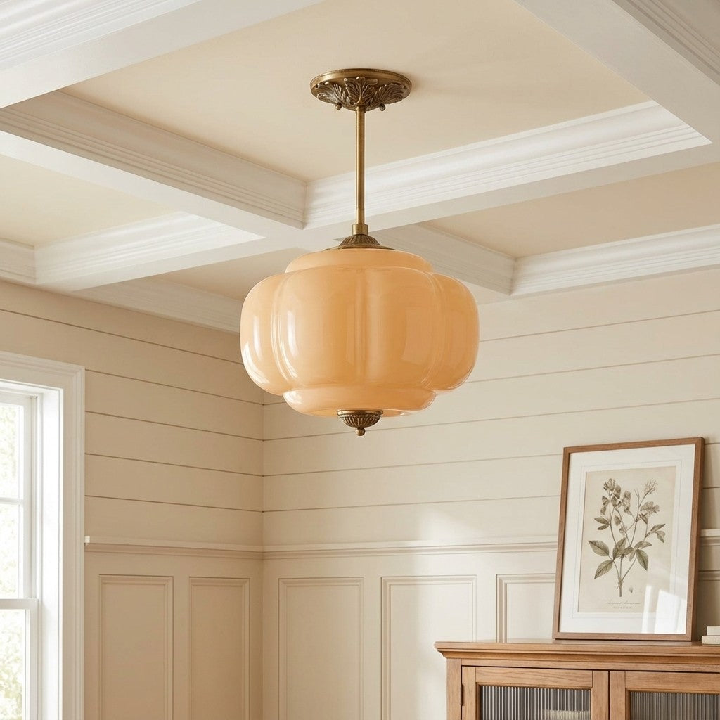 Vintage Milk Glass Ceiling Lamp Scalloped Edge White Pink Green Blue Clear Matte Glass Semi-Flush Pendant Lamp Brass Black Finish - Lamylie