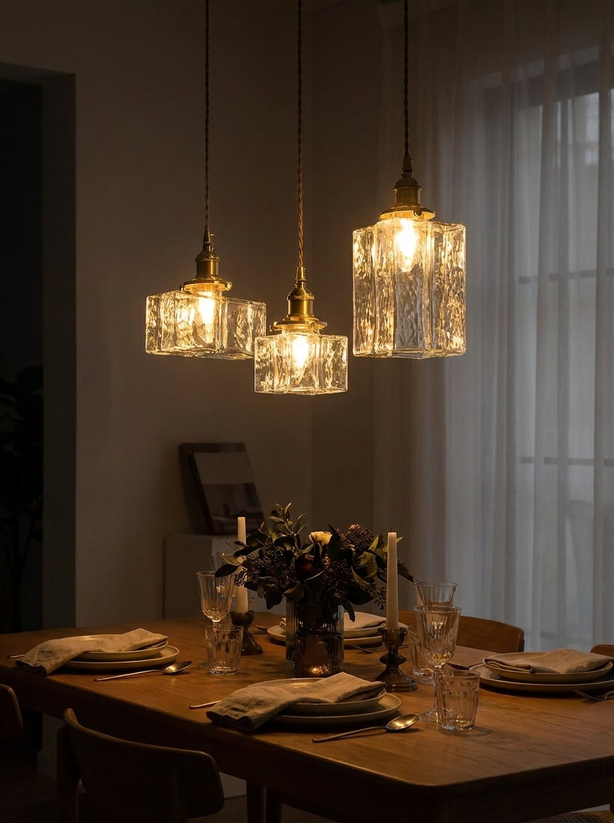 Vintage Pendant Lamp with Wavy Glass & Iron Fixture | Square/Rectangular | Scandinavian Design for Living Room - Lamylie