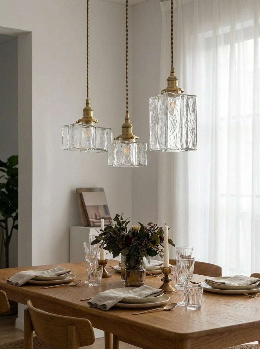 Vintage Pendant Lamp with Wavy Glass & Iron Fixture | Square/Rectangular | Scandinavian Design for Living Room - Lamylie