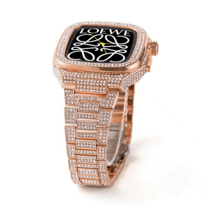 Leštěné pouzdro s řemínkem NovaLux z nerezové oceli — ozdoba z kamínků a diamantů, pro Apple Watch 44–45 mm