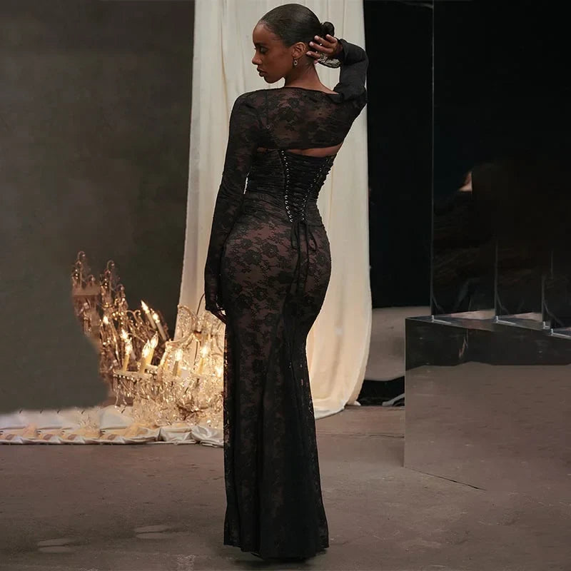 Long lace dress with drawstring and shawl - Lamylie