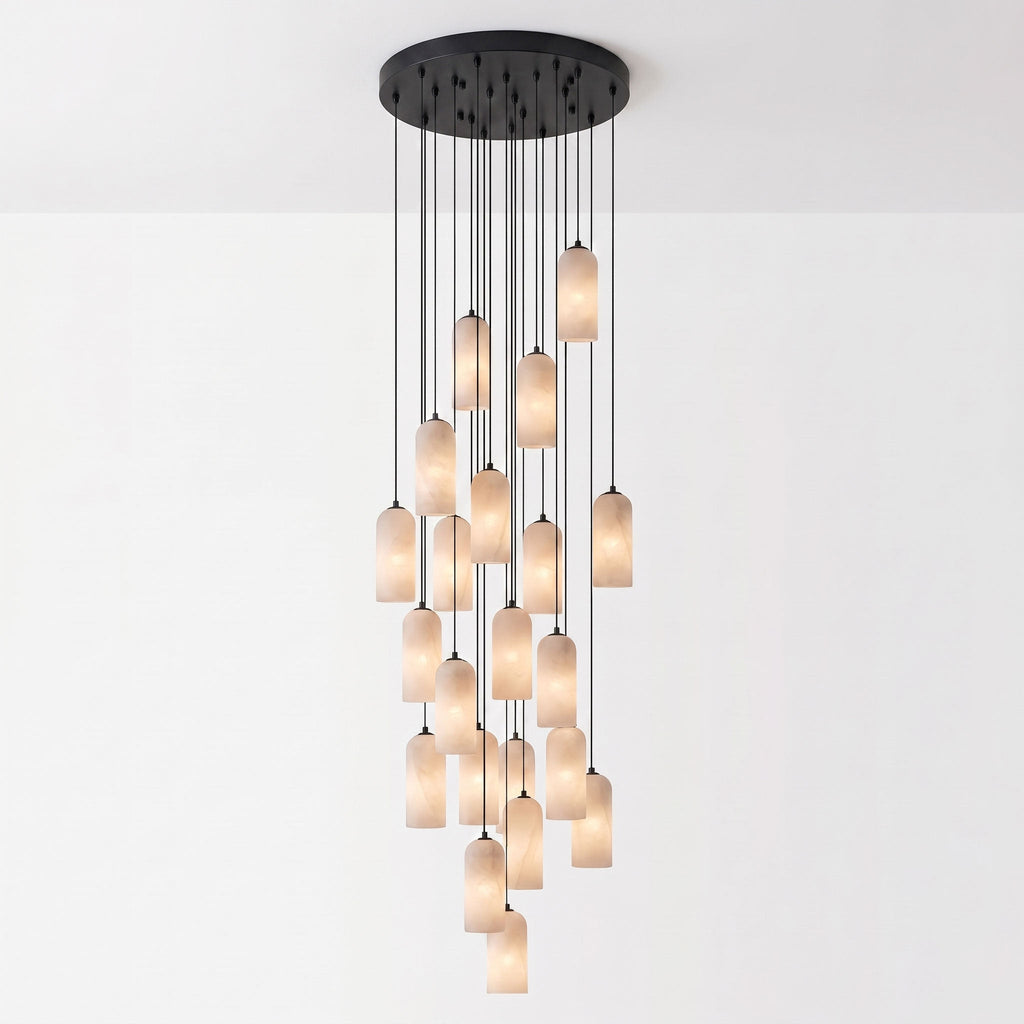 Alabaster Pendant Lamp with Braided Cord | Natural Stone Lighting from Single Light to 21-Light Cluster | Mid-Century Modern Style Dining Room Pendant Lamp with E12/E14 Fitting - Lamylie
