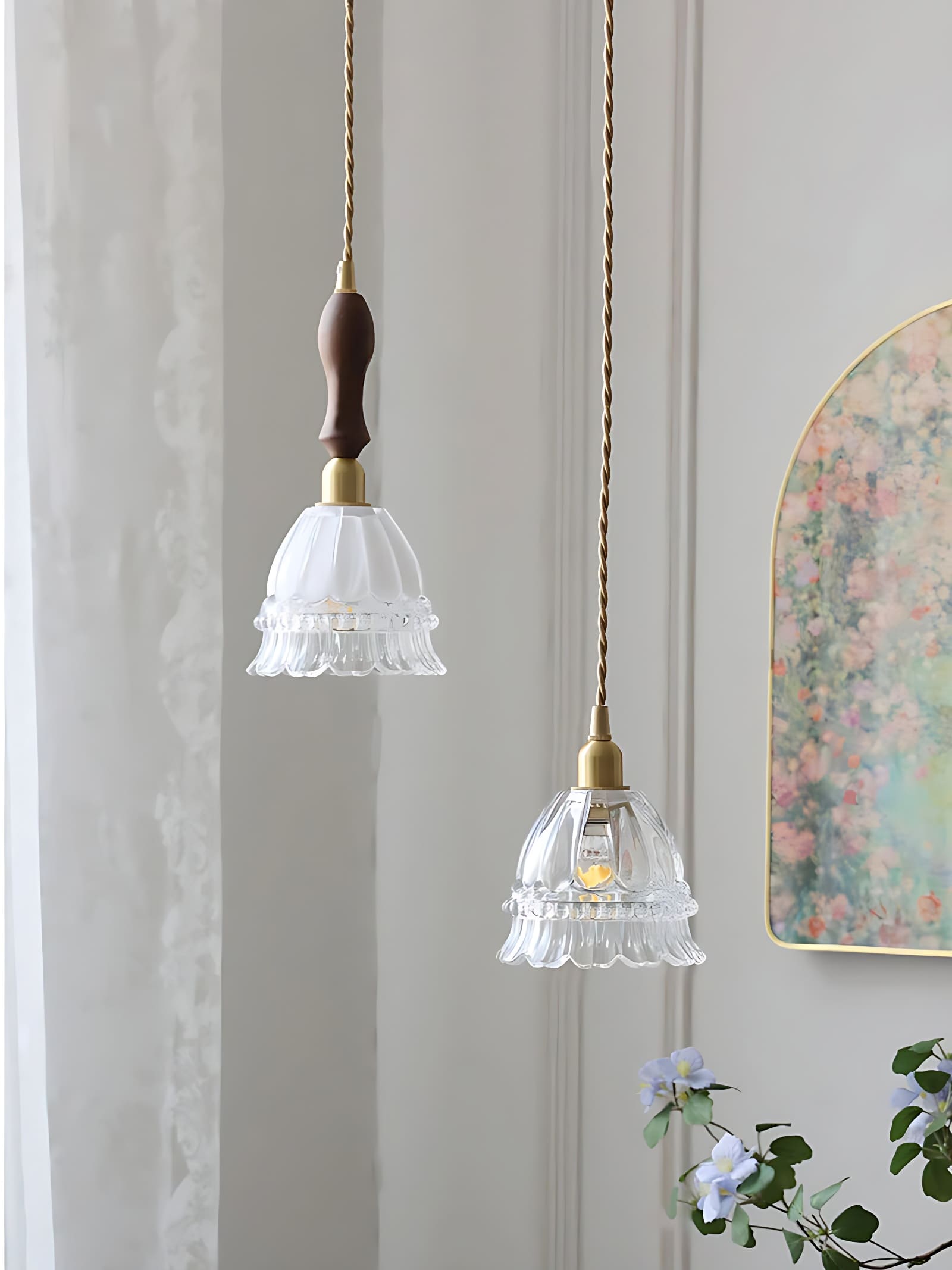 French Country Pendant Lamp Glass Shade Jellyfish Design Transparent or Amber with Walnut Handle Ambient Lighting Dining Room Elegant Ceiling Lamp - Lamylie