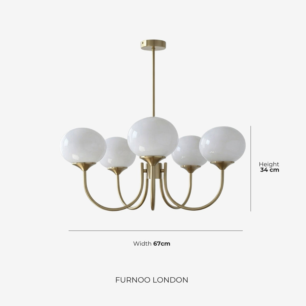Mid-Century Glass Chandelier with Globe Shades and Polished Metal Finish | Available in Copper and Chrome with Colored Glass | 3 or 5 Arms with Adjustable Rod System - Lamylie