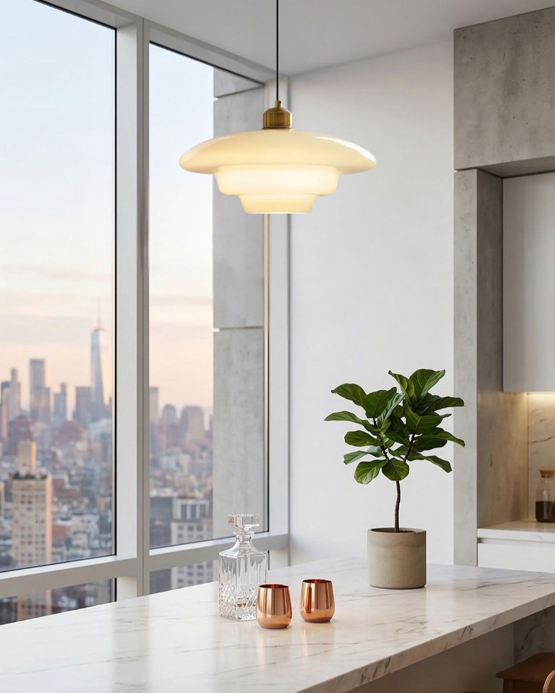 TINA Pendant Lamp | Mid-Century Milk White Glass with Brushed Brass | Modern Dining & Kitchen Lighting | Adjustable | E27 Socket - Lamylie