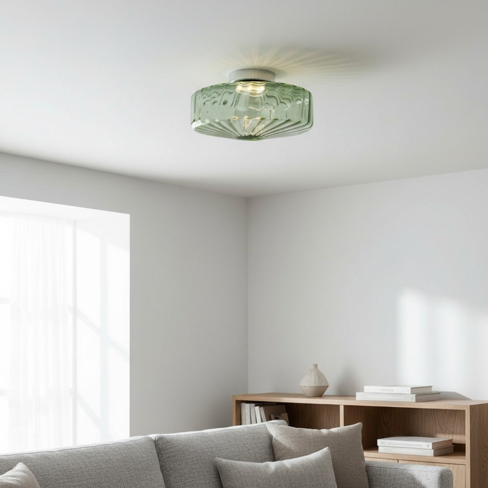 Vintage Ribbed Glass Ceiling Lamp Green | Classic Lighting for Dining Room, Entrance & Hallway - Lamylie