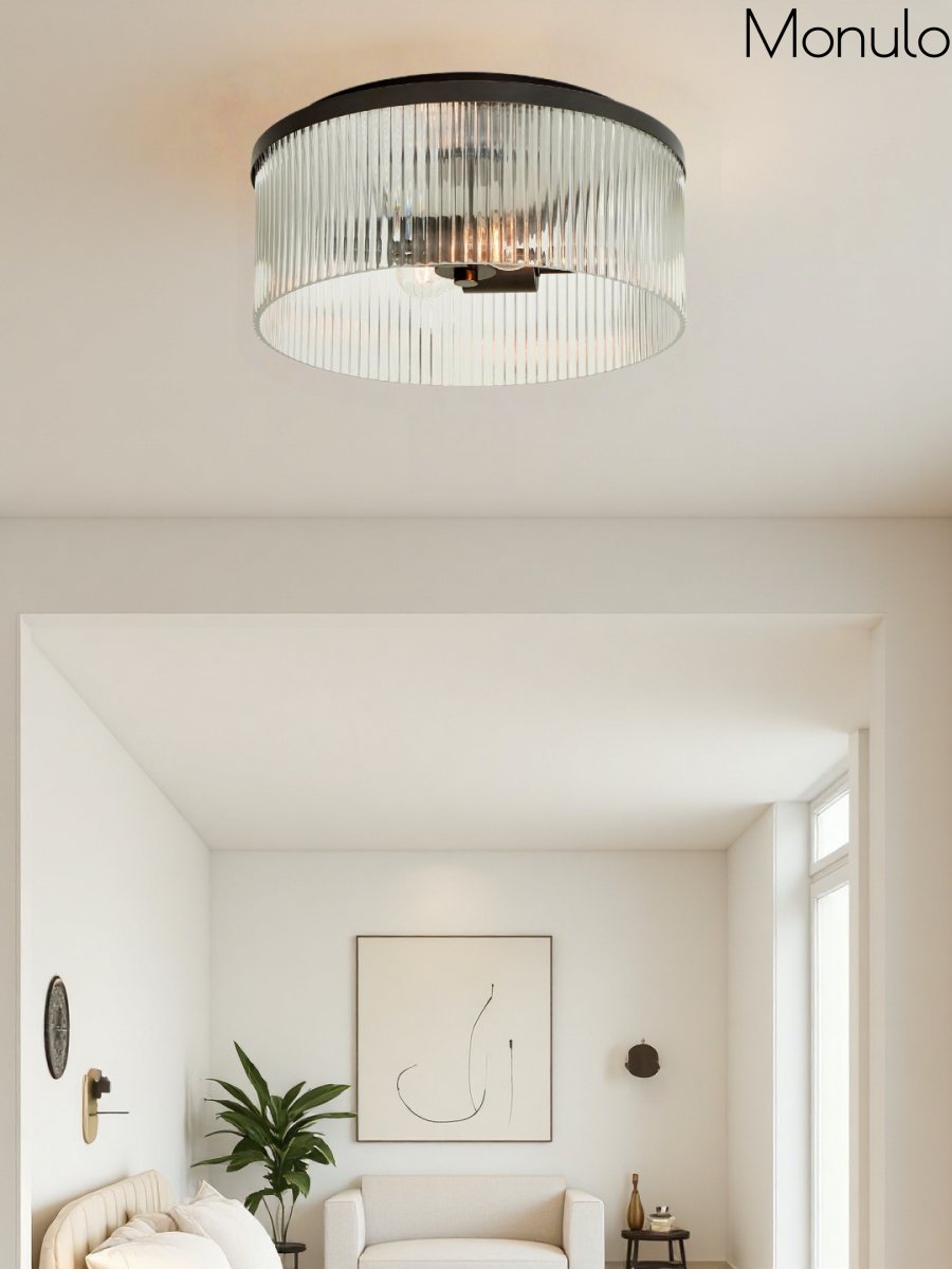 Ribbed Glass Ceiling Lamp Modern Low-Profile Design Bedroom Living Room Hall - Lamylie